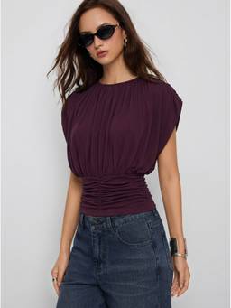 Cider - Draped Ruched Women’s Sleeveless Round Neck Top Purple