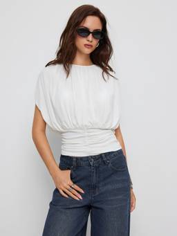 Cider - Draped Ruched Women’s Round Neck Sleeveless Top White