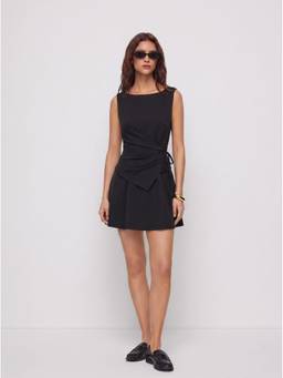 Cider - Boat Neck Women Ruched Asymmetrical A-Line Mini Dress Black
