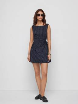 Cider - Stripe Women's Ruched Asymmetrical A-Line Mini Dress Navy Blue