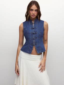 Cider - Washed Denim Women Stand Collar Knotted Denim Vest Navy Blue
