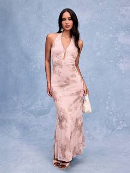 Cider - Tie Dye Floral Women's Halter Backless Mermaid Maxi Dress Pink