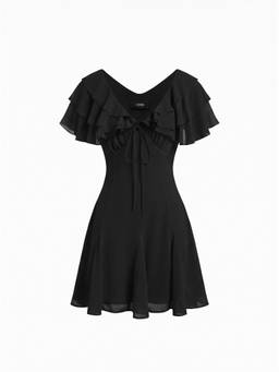 Cider - Chiffon Women's V-Neck Ruffled A-Line Knee Length Dress Black