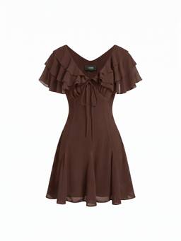 Cider - Chiffon Women's V-Neck Ruffled A-Line Dress Brown