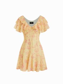 Cider - Chiffon Women's Floral V-Neck Dolman Sleeve A-Line Dress Yellow