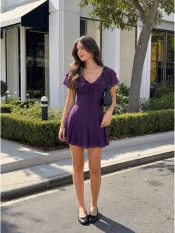 Cider - Chiffon Women's V-Neck Ruffled A-Line Knee Dress Purple