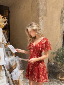 Cider - Chiffon Women's Floral V-Neck Ruffled A-Line Dress Red