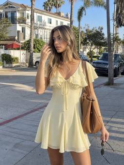 Cider - Chiffon Women's V-Neck Ruffle Sleeve A-Line Dress Yellow