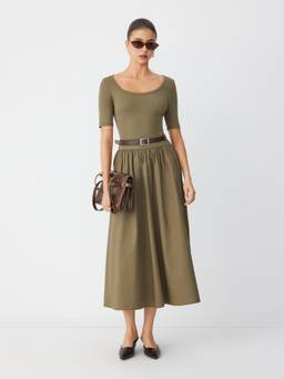 Cider - Cotton Blend Women's Scoop Neck Pocket A-Line Maxi Dress Olive