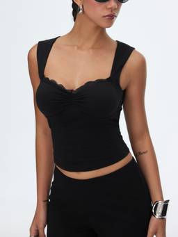 Cider - Cotton Blend Women Ruched Square Neck Crop Tank Top Black