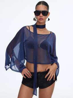 Cider - Glitter Sheer Women’s Boat Neck Scarf Crop Top Navy Blue