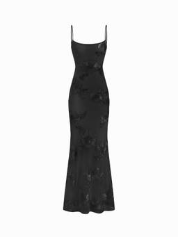 Cider - Floral Applique Women's Lace-Up Backless Maxi Dress Black