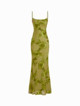 Cider - Floral Applique Women Lace-Up Backless Maxi Dress Green