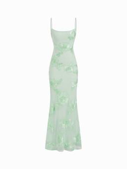 Cider - Floral Lace-Up Women's Backless Applique Maxi Dress Green