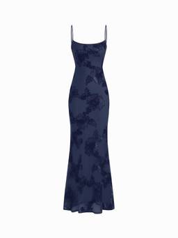 Cider - Floral Lace-Up Women's Backless Applique Maxi Dress Navy Blue