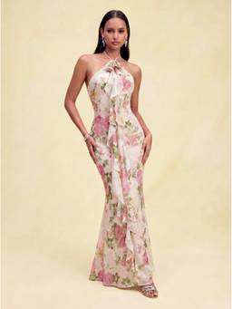 Cider - Jacquard Women's Floral Halter Ruffle Mermaid Maxi Dress Pink