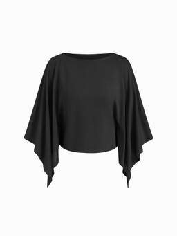 Cider - Textured Women’s Boat Neck Batwing Asymmetrical Oversized Top Black