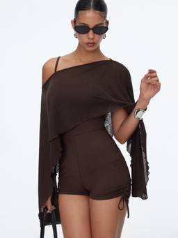 Cider - Textured Women's Boat Neck Drawstring Slim Playsuit Brown