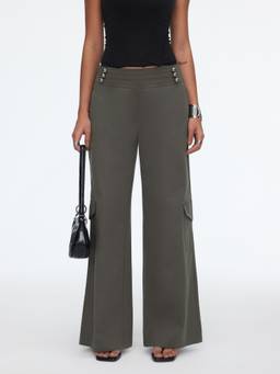 Cider - Cotton Women's Mid-Rise Metal Detail Wide-Leg Cargo Trousers Grey