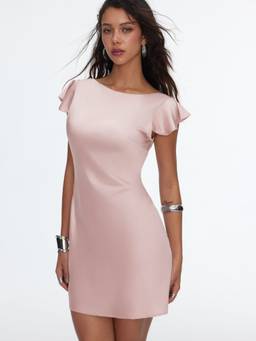 Cider - Satin Women's Backless Ruffle Sleeve Boat Neck Mini Dress Pink