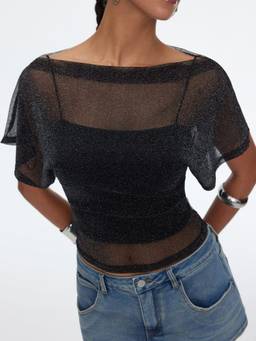Cider - Metallic Mesh Women's Batwing Sleeve Lined Top Black