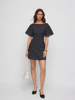 Cider - Polka Dot Women's Boat Neck Ruffle Sleeve A-Line Mini Dress Black