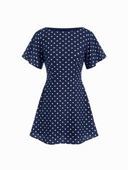 Cider - Polka Dot Women's Boat Neck Ruffle Sleeve A-Line Mini Dress Navy Blue