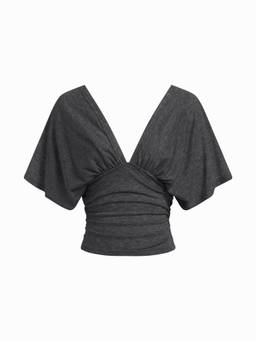 Cider - Ruched Women V-Neck Batwing Sleeve Tee Black
