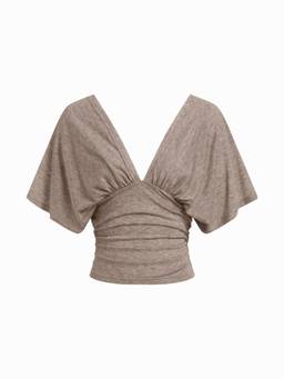 Cider - Women's V-Neck Batwing Sleeve Ruched Slim Tee Brown