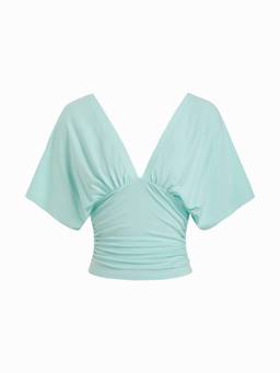 Cider - Batwing Ruched Women's V-Neck Slim Top Green