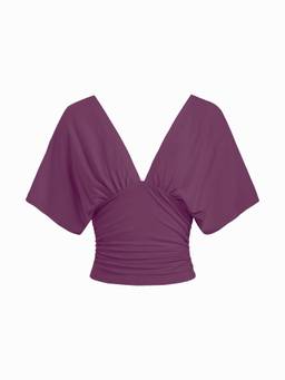 Cider - Ruched Women's V-Neck Batwing Sleeve Slim Top Purple