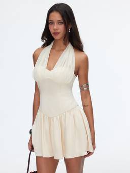 Cider - Satin Women's Halter Ruffled Pleated Mini Dress Cream