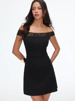 Cider - Textured Women Off-Shoulder Lace Panel Ruched A-Line Mini Dress Black