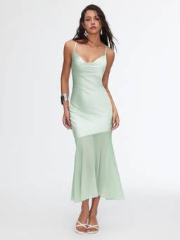 Cider - Satin Women's Cowl Neck Ruched Criss Cross Maxi Dress Green