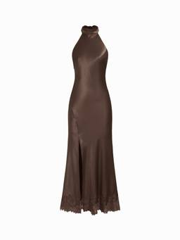 Cider - Satin Women's Halter Neck Back Tie Mermaid Maxi Dress Brown