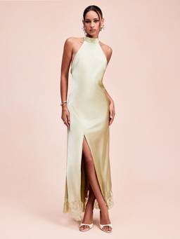 Cider - Satin Women's Halter Neck Draped Back Tie Mermaid Maxi Dress Green