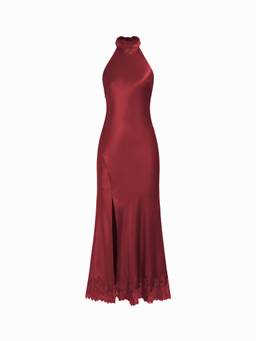 Cider - Satin Women's Halter Neck Draped Back Tie Mermaid Maxi Dress Wine