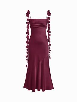 Cider - Satin Women's Cowl Neck Floral Applique Mermaid Maxi Dress Berry