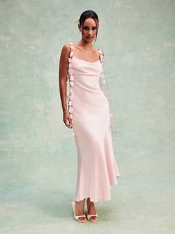 Cider - Women's Satin Cowl Neck Floral Applique Lace-Up Maxi Dress Pink