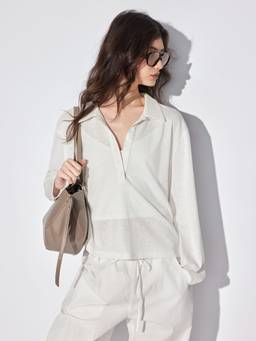 Cider - Textured Polo Neck Women's Oversized Shirt White
