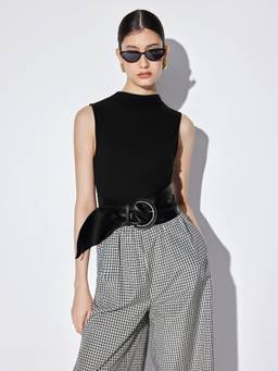Cider - Cotton Blend Women's High Neck Gingham Wide-Leg Jumpsuit Black