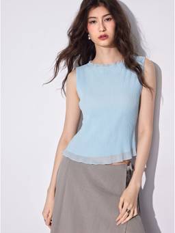 Cider - Textured Women's Sleeveless Ruched Tank Blouse Light Blue