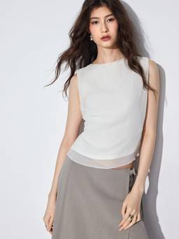 Cider - Chiffon Textured Women Ruched Sleeveless Tank Blouse White