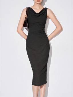 Cider - Textured Women's Sleeveless Cowl Neck Bodycon Midi Dress Black