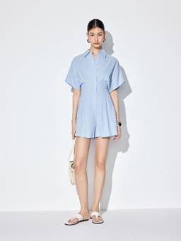 Cider - Cotton Blend Women's Batwing Sleeve Ruched Playsuit Light Blue