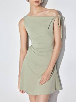 Cider - Asymmetrical Neck Women's Ruched A-Line Mini Dress Green