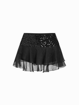 Cider - Sequin Textured Women's Low Rise Layered Ruffle Mini Skirt Black