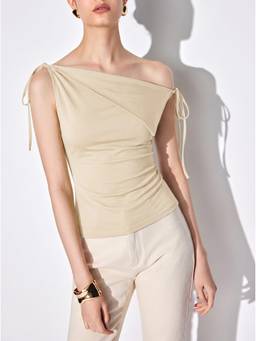 Cider - Asymmetrical Neck Women's Draped Knotted Tank Top Beige