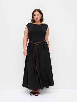Cider - High Stretch Women's Round Neck Belted A-Line Maxi Dress Black