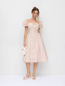 Cider - Cotton Floral Women's Puff Sleeve Lace Trim Flared Maxi Dress Pink
